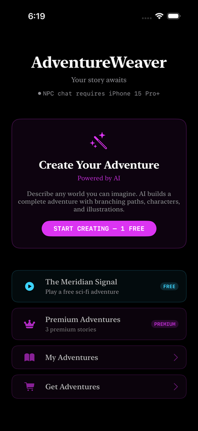 AdventureWeaver main menu